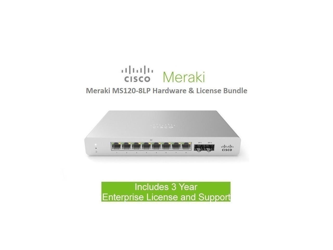 Cisco Meraki MS120-8LP 8 Port Gigabit Switch Includes 3 Year Enterprise License