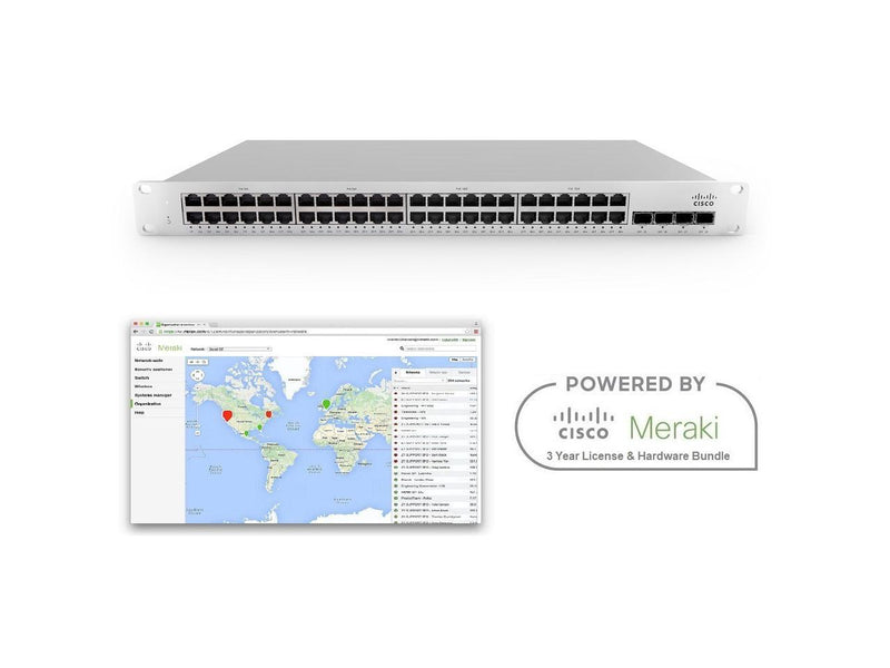 Cisco Meraki MS225-48 48 Port Gigabit Switch Includes 3 Year Enterprise License