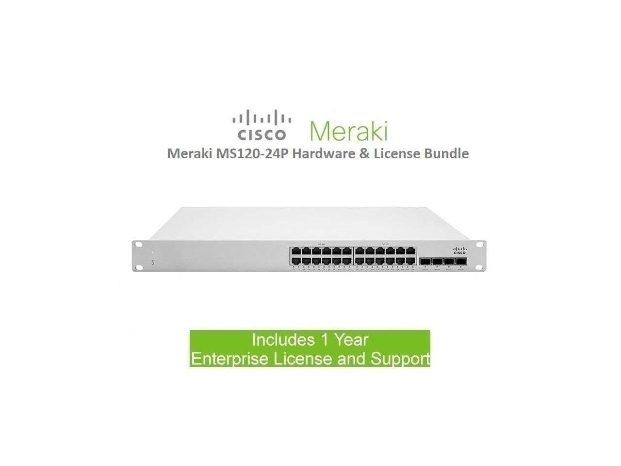 Cisco Meraki MS120-24P 24 Port PoE GigE Switch Includes 1 Year Enterprise License