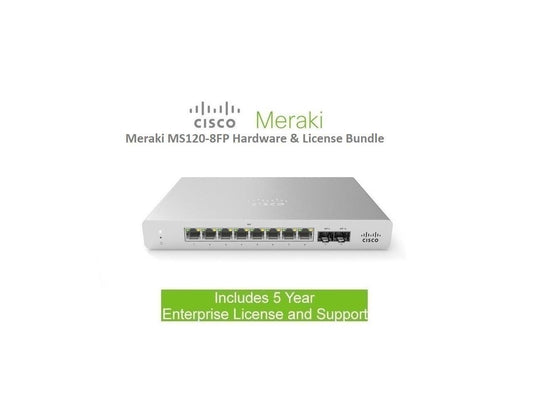 Cisco Meraki MS120-8FP 8 Port GigE PoE Switch Includes 5 Year Enterprise License