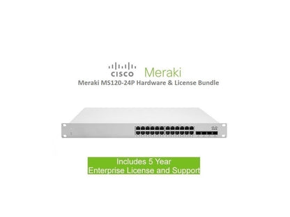 Cisco Meraki MS120-24P 24 Port PoE GigE Switch Includes 5 Year Enterprise License