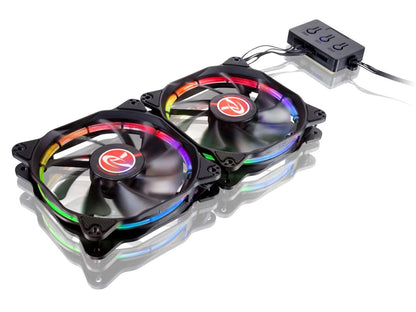 RAIJINTEK AURAS 12 RGB -2pack, a 12025 O-type RGB PWM fan with controller box (3 modes), brings visible colors and brightness uniformity from all directions and adds spot light to cases & CPU coolers.