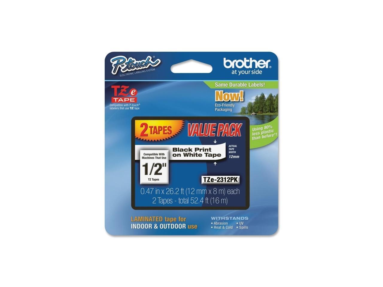 Brother TZE2312PK Black Print on Premium White Laminated Tape for P-touch Label Maker, 12mm (0.47") wide x 8m (26.2') long - 2/Pack