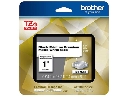 Brother TZeM251 Black Print on Premium Matte White Laminated Tape for P-touch Label Maker, 24.00 mm (0.94â€?) wide x 8.00 m (26.2 ft.) long