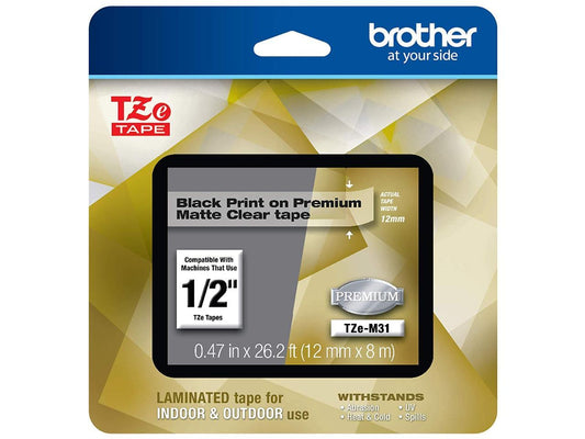 Brother TZeM31 Black Print on Premium Matte Clear Laminated Tape for P-touch Label Maker, 12.00 mm (0.47â€?) wide x 8.00 m (26.20 ft.) long