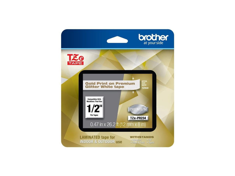 Brother TZePR234 Gold Print on Premium Glitter White Laminated Tape for P-touch Label Maker, 12 mm (0.47") Wide x 8 m (26.20 ft.) Long