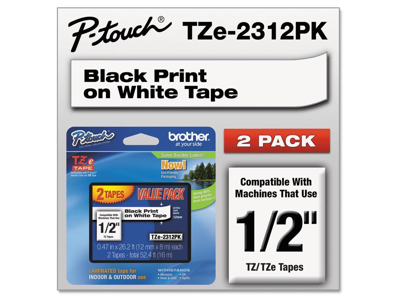 Brother TZE2312PK Black Print on Premium White Laminated Tape for P-touch Label Maker, 12mm (0.47") wide x 8m (26.2') long - 2/Pack