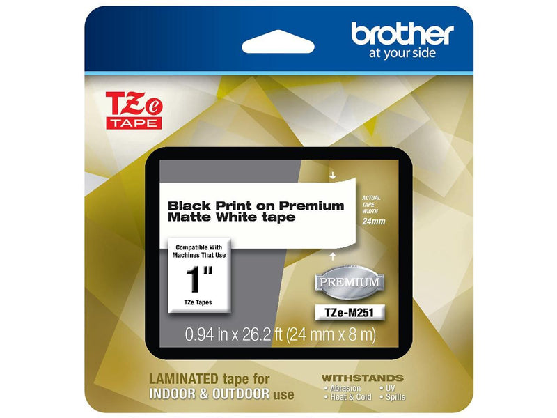 Brother TZeM251 Black Print on Premium Matte White Laminated Tape for P-touch Label Maker, 24.00 mm (0.94â€?) wide x 8.00 m (26.2 ft.) long