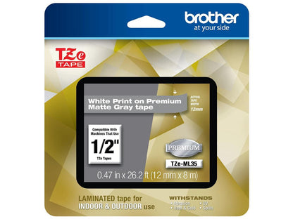 Brother TZeML35 White Print on Premium Matte Light Gray Laminated Tape for P-touch Label Maker, 12 mm (0.47") Wide x 8 m (26.20 ft.) Long