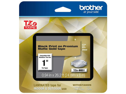 Brother TZeM851 Black Print on Premium Matte Gold Laminated Tape for P-touch Label Maker, 24 mm (0.94") Wide x 8 m (26.20 ft.) Long