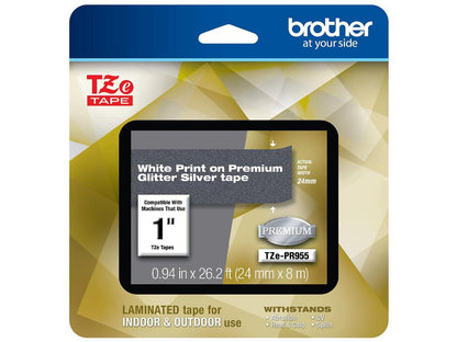 Brother TZePR955 White Print on Premium Glitter Silver Laminated Tape for P-touch Label Maker, 24mm (0.94â€?) wide x 8m (26.2') long