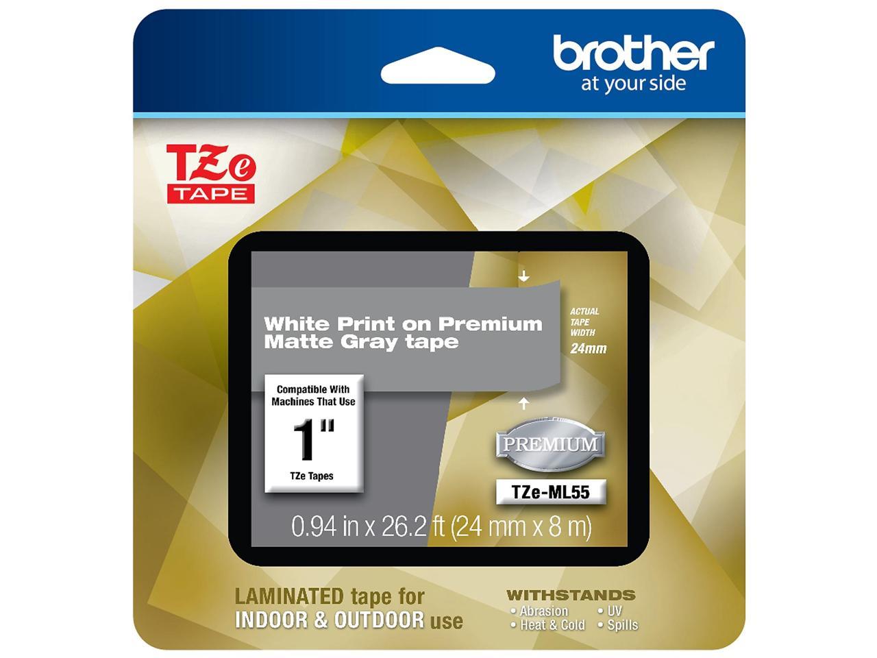 Brother TZeML55 White Print on Premium Matte Light Gray Laminated Tape for P-touch Label Maker, 24 mm (0.94") Wide x 8 m (26.20 ft.) Long