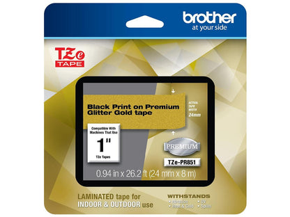 Brother TZePR851 Black Print on Premium Glitter Gold Laminated Tape for P-touch Label Maker, 24mm (0.94â€?) wide x 8m (26.2') long