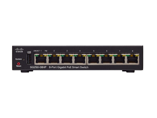 Cisco 250 Series SG250-08HP - Switch - L3 - smart - 8 x 10/100/1000 (PoE+) - rack-mountable - PoE+ (45 W)