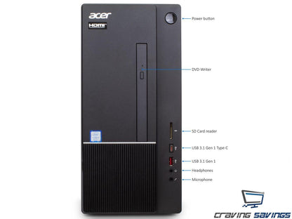 Acer Aspire TC Series Destop, Intel 6-Core i5-8400 Upto 4.0GHz, 16GB DDR4, 128GB SSD, DVD-RW, VGA, HDMI, USB, Card Reader, Wi-Fi, Bluetooth, Windows 10 Professional 64Bit