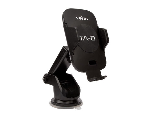 Veho TA-8 Universal in-car smartphone cradle/holder with Qi wireless charging | Auto sensing open/close clasp system | windscreen suction cup & air vent fixing mount(s) | Designed in UK | VAA-014-TA8