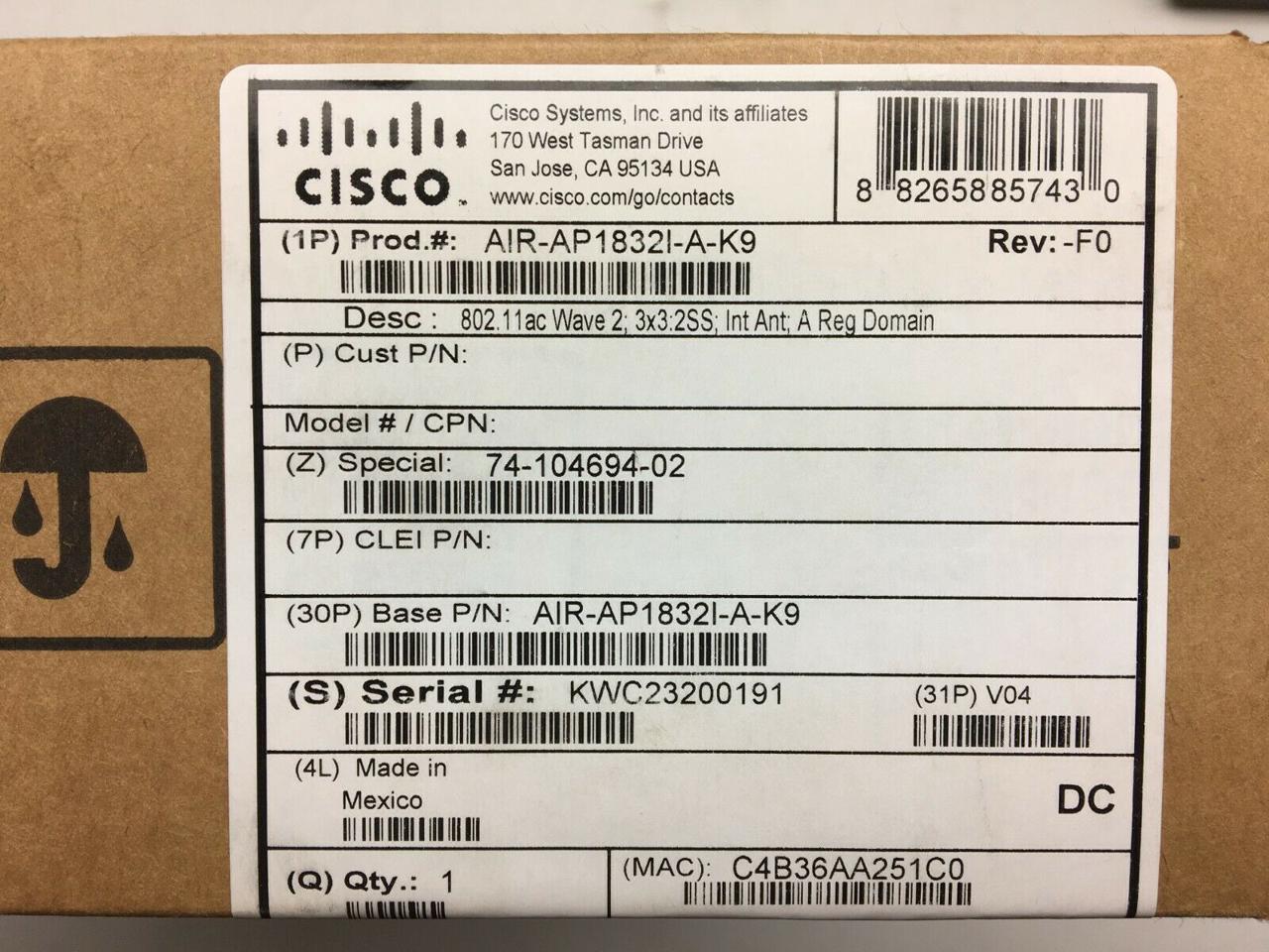 Cisco Aironet AP1832I IEEE 802.11ac 867 Mbit/s Wireless Access Point