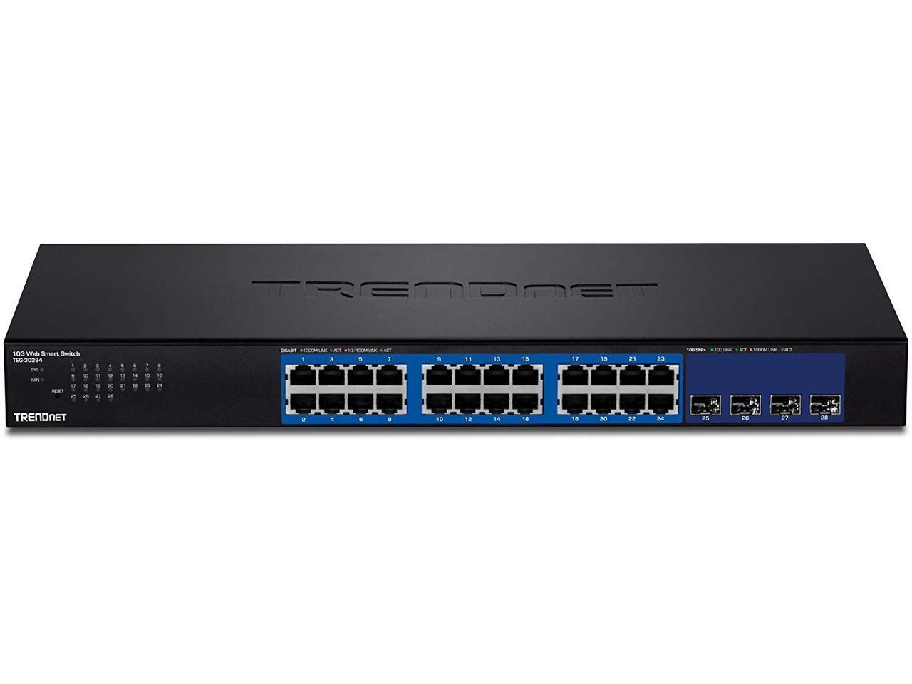 TRENDnet 28-Port Web Smart Switch with 24 x Gigabit Ports and 4 x 10G SFP+ Slots. Limited Life Time Warranty