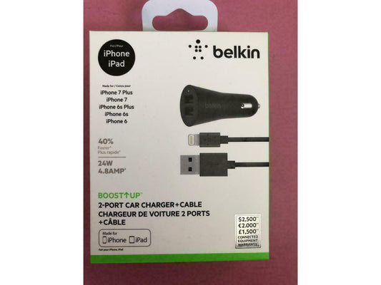 Belkin BOOST UP 2-Port Car Charger + USB-A to Lightning Cable