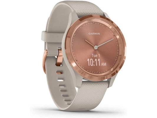 Garmin Vivomove 3S Hybrid Smartwatch with Real Watch Hands and Hidden Touchscreen Display - Light Sand Silicone with Rose Gold Hardware