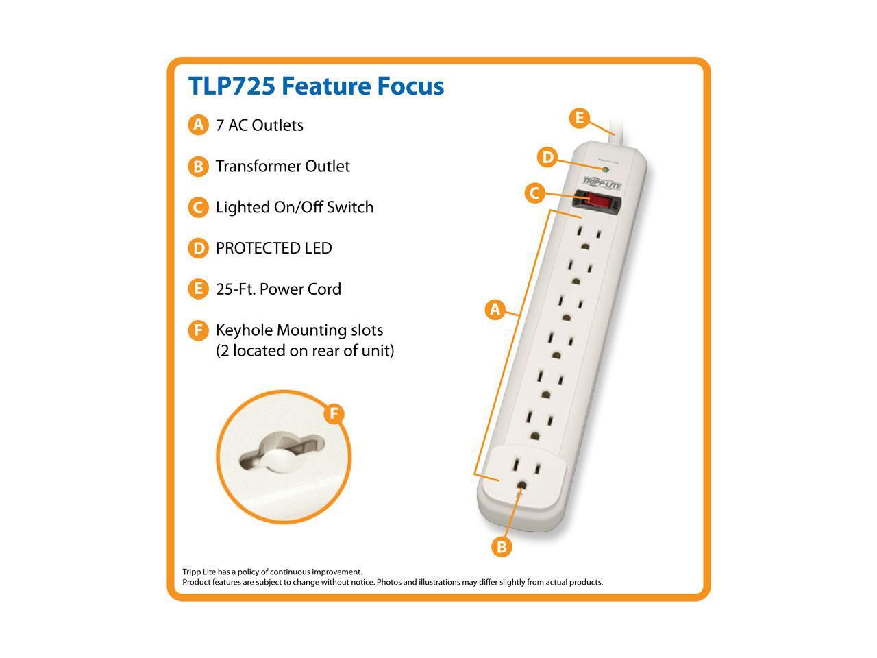 Tripp Lite TLP725 7 Outlets 1080 Joules 25' Cord Protect It! Surge Suppressor