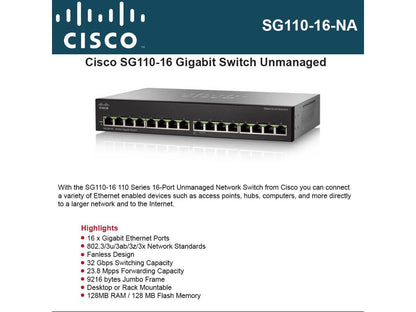 Cisco 16 Ports 2 Layer Supported Ethernet Switch Model SG110-16-NA