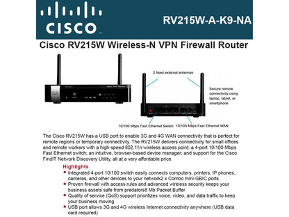 Cisco RV215W IEEE 802.11n Wireless Security Router Model RV215W-A-K9-NA