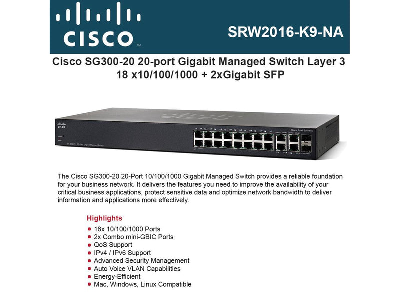 Cisco Small Business Sg300-20 - Switch - 20 Ports - Managed - Rack-mountable - SRW2016-K9-NA