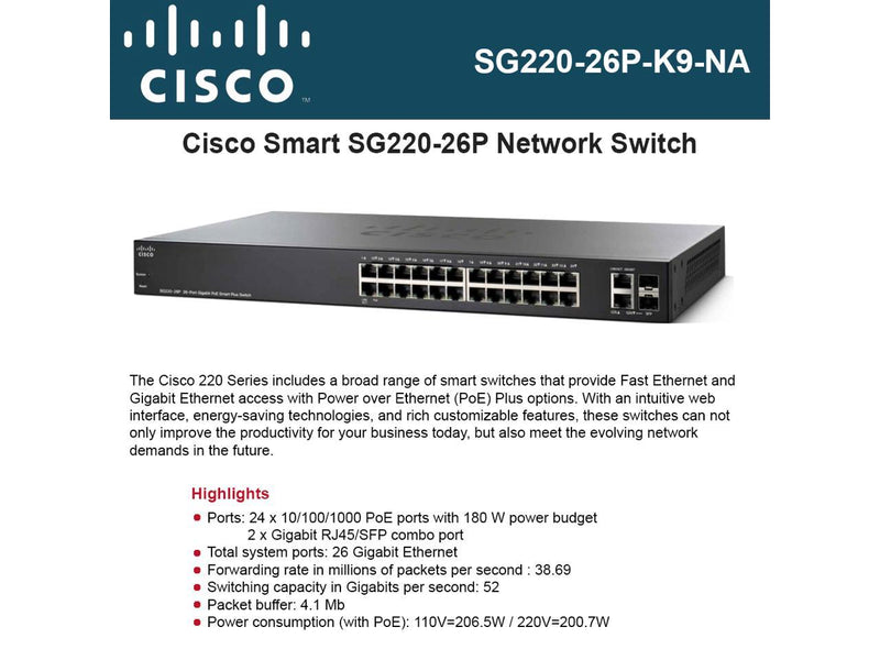 Cisco Small Business Smart Plus Sg220-26P - Switch - 26 Ports - Managed - Desktop, Rack-Mountable - SG220-26P-K9-NA