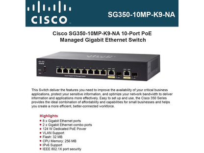 Cisco 10 Port Gigabit PoE 3 Layer Supported Managed Switch Model SG350-10MP-K9-NA