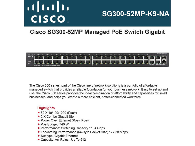 Cisco Small Business Sg300-52mp - Switch - 52 Ports - Managed - Desktop, Rack-mountable - SG300-52MP-K9-NA