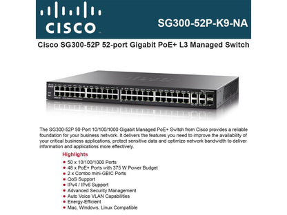 Cisco 52 Ports Layer 3 Supported PoE Manageable Switch Model SG300-52P-K9-NA