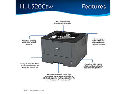 Brother Monochrome Laser Printer, HL-L5200DW, Wireless Networking, Mobile Printing, Duplex Printing, Dash Replenishment Ready (HL-L5200dW)