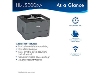 Brother Monochrome Laser Printer, HL-L5200DW, Wireless Networking, Mobile Printing, Duplex Printing, Dash Replenishment Ready (HL-L5200dW)