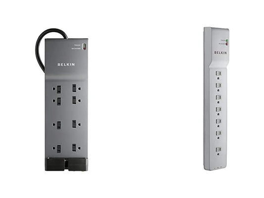 Belkin BE108230-06 8-Outlet Power Strip Surge Protector w/Flat Plug, 6ft Cord (3,550 Joules),Black & BE107200-06 7-Outlet Power Strip Surge Protector w/6ft Cord (2,320 Joules), White,6'