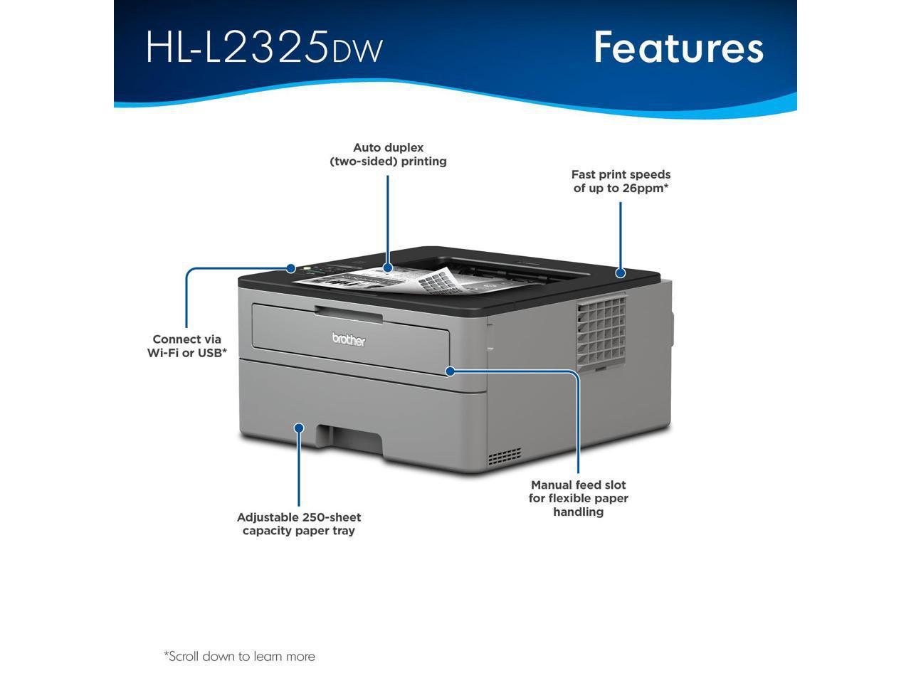 Brother HL-L2325DW Monochrome Laser Printer - Wireless Networking & Duplex Printing (2-Sided Printing), 26ppm, Mobile Printing + Mazepoly Printer Cable