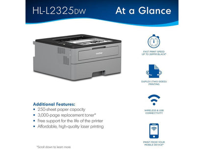 Brother HL-L2325DW Monochrome Laser Printer - Wireless Networking & Duplex Printing (2-Sided Printing), 26ppm, Mobile Printing + Mazepoly Printer Cable