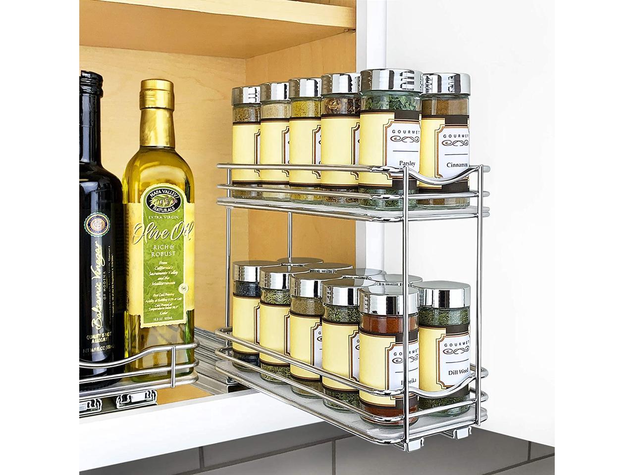 Professional Slide Out Double Spice Rack Upper Cabinet Organizer, 4-1/4", Chrome
