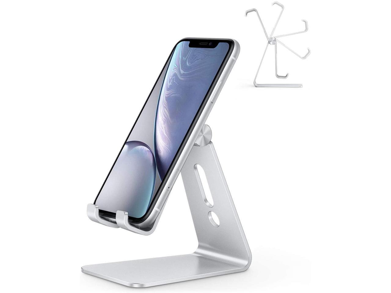 Durable Adjustable Cell Phone Stand, Aluminum Desktop Phone Holder Dock Compatible with iPhone 12 Mini, iPhone 12 Pro Max, 11 Pro, XR, 8 Plus 7 6, Samsung Galaxy, Google Pixel and More, Silver
