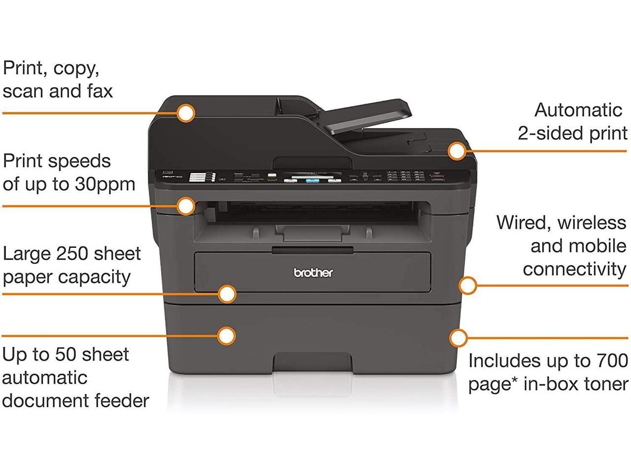 Brother MFC-L2710DW Wireless Compact Monochrome Laser All-in-One Printer, Auto 2-Sided Printing, 32ppm, 250-sheet, 2400 x 600 dpi, Works with Alexa, Black & Grey - Bundle with JAWFOAL Printer Cable