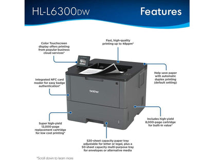 Brother Monochrome Laser Printer, HL-L6300DW, Wireless Networking, Mobile Printing, Duplex Printing, Large Paper Capacity, Cloud Printing, Amazon Dash Replenishment Ready