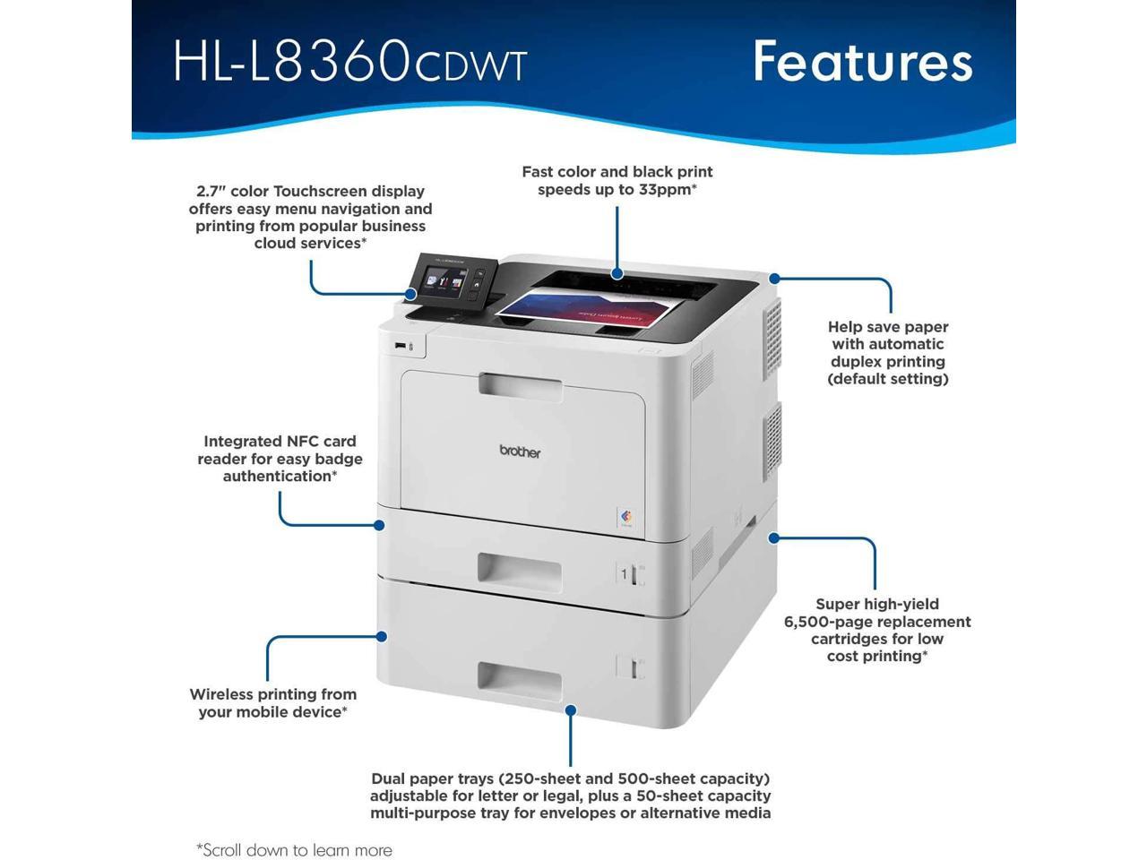 Brother Business Color Laser Printer, HL-L8360CDWT, Wireless Networking, Automatic Duplex Printing, Mobile Printing, Cloud Printing