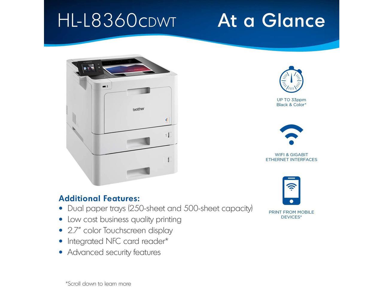 Brother Business Color Laser Printer, HL-L8360CDWT, Wireless Networking, Automatic Duplex Printing, Mobile Printing, Cloud Printing