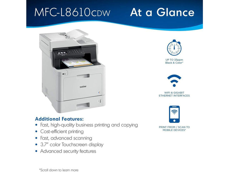 Brother Color Laser Printer, Multifunction Printer, All-in-One Printer, MFC-L8610CDW, Wireless Networking, Automatic Duplex Printing, Mobile Printing and Scanning