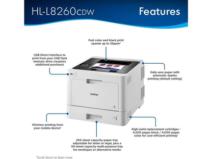 Brother Business Color Laser Printer, Duplex Printing, Flexible Wireless Networking, Mobile Device Printing, Advanced Security Features - HL-L8260CDW