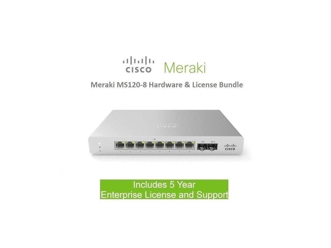 Cisco Meraki MS120-8 Switch 8 Port Gigabit Includes 5 Year Enterprise License