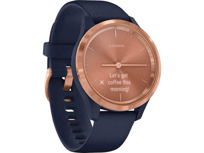 Garmin Vivomove 3S Hybrid Smartwatch with Real Watch Hands and Hidden Touchscreen Display - Navy Silicone with Rose Gold Hardware
