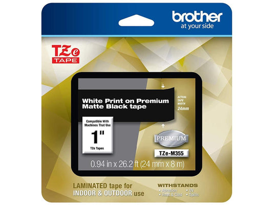 Brother TZeM355 White Print on Premium Matte Black Laminated Tape for P-touch Label Maker, 24.00 mm (0.94â€?) wide x 8.00 m (26.20 ft.) long