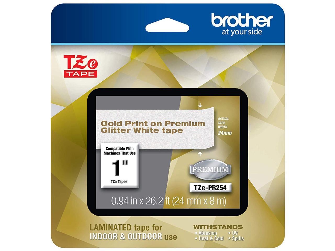 Brother TZePR254 Gold Print on Premium Glitter White Laminated Tape for P-touch Label Maker, 24 mm (0.94") Wide x 8 m (26.20 ft.) Long
