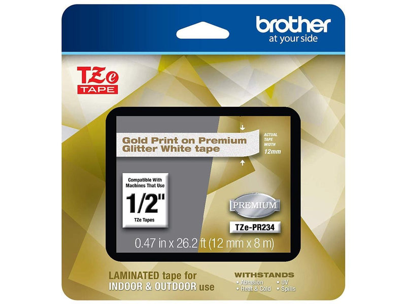 Brother TZePR234 Gold Print on Premium Glitter White Laminated Tape for P-touch Label Maker, 12 mm (0.47") Wide x 8 m (26.20 ft.) Long